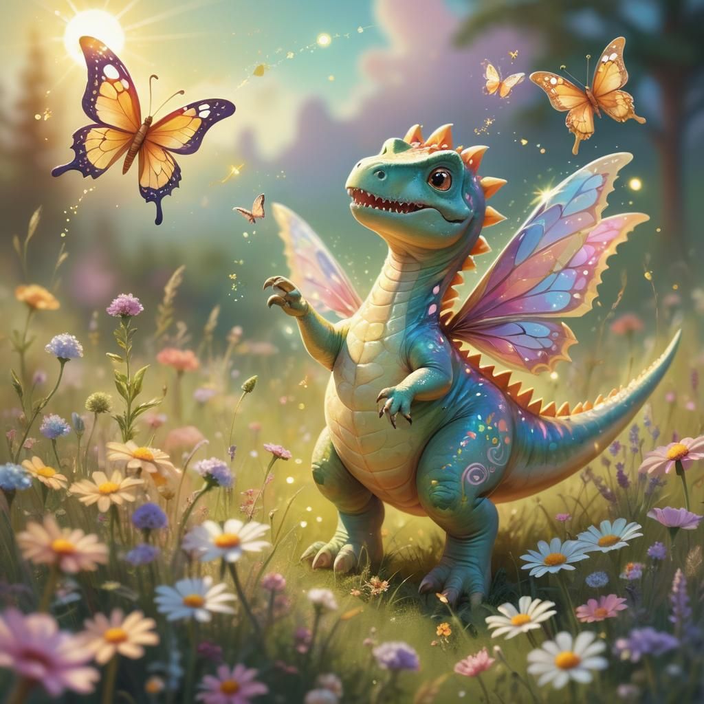 Whimsical Fantasy Sprite Plays with Butterfly in Sunny Meado...
