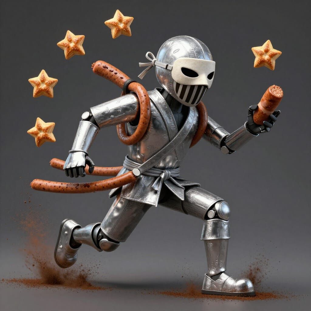 Breakfast Ninja with Sausage Nunchucks in Dusty Kitchen