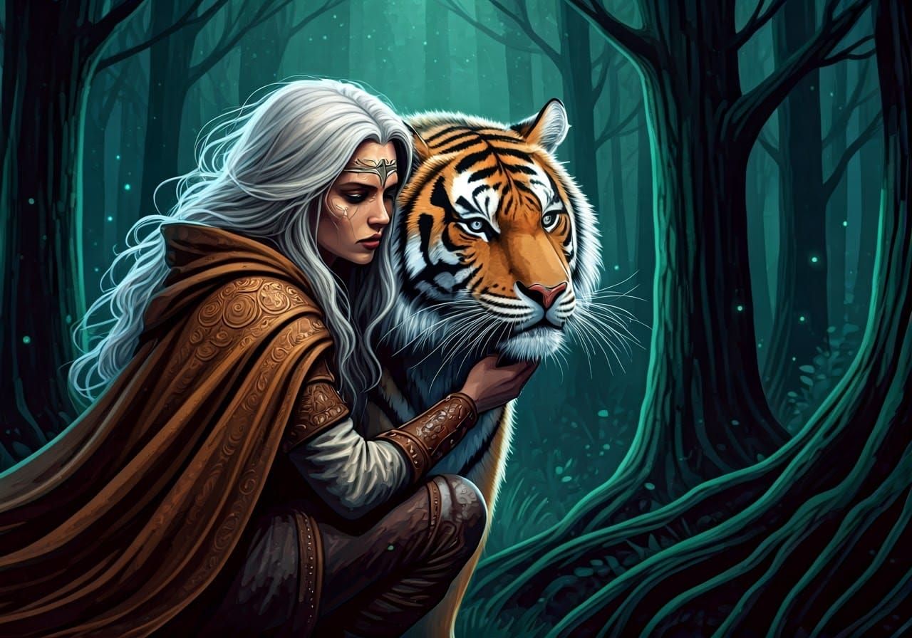 Woman Warrior Befriends Majestic Tiger in Moonlit Forest
