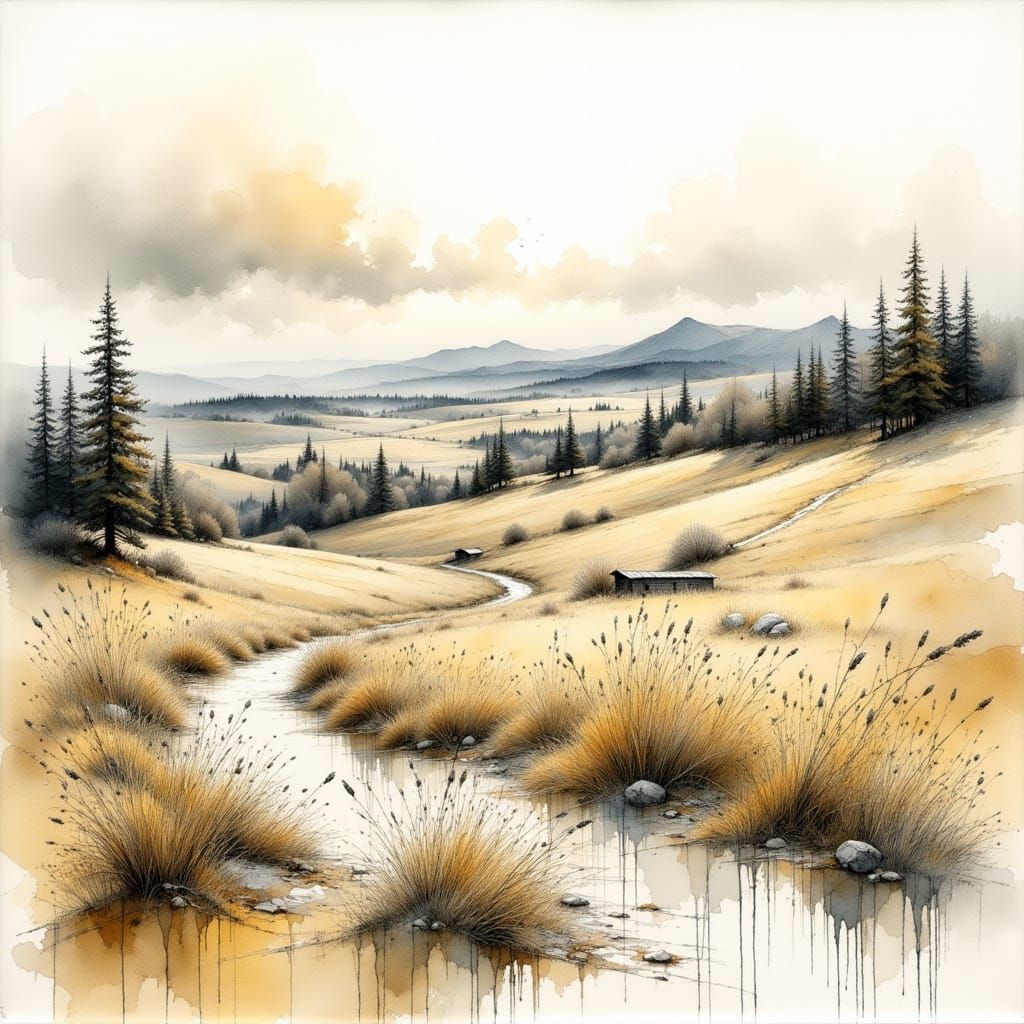 Misty Landscape with Gentle Hills in Ink Style