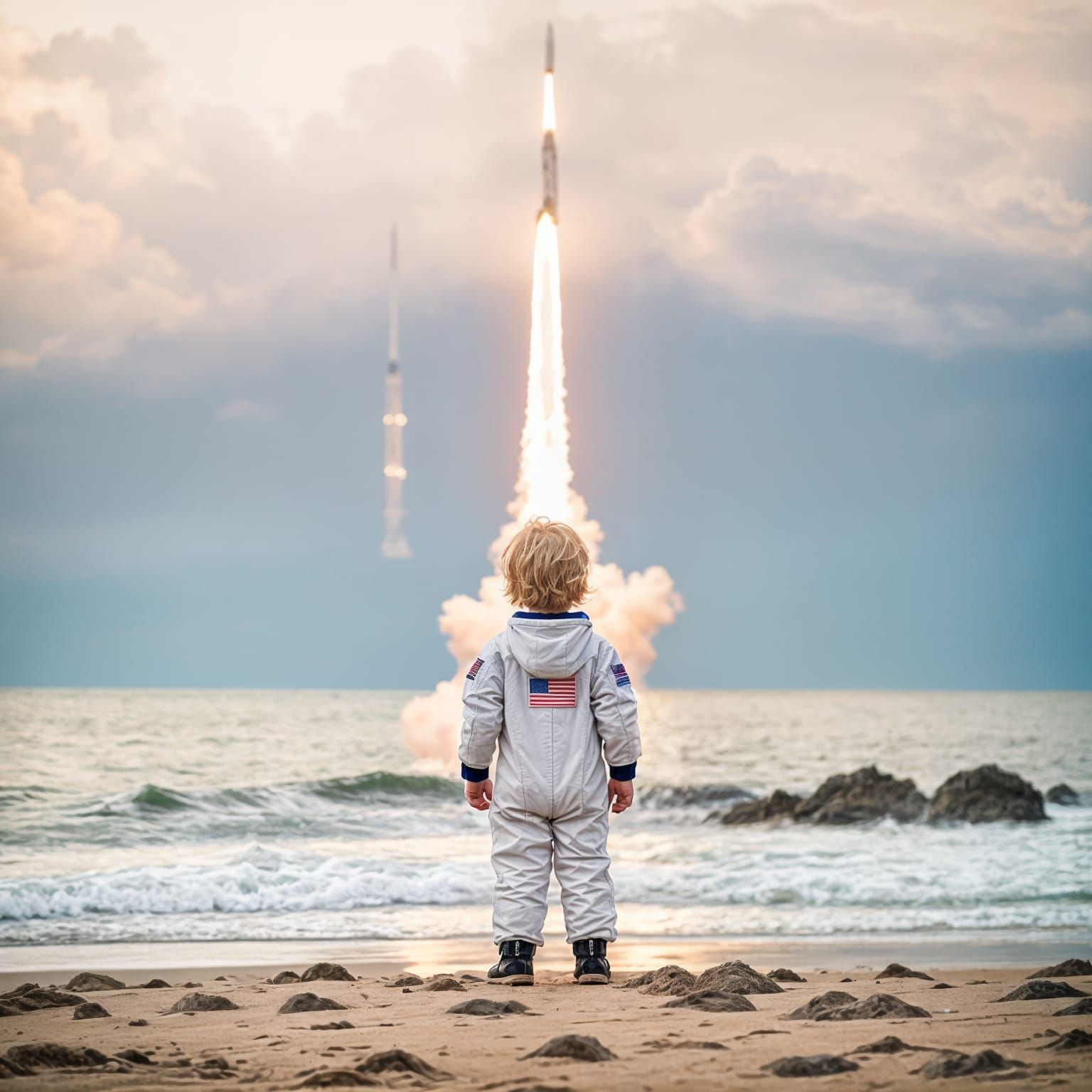 Young Astronaut Watches Rocket Launch on Beach