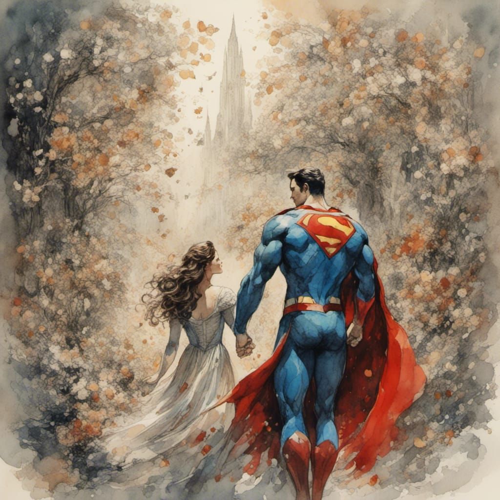 Superman and Lois Lane Honeymoon in Watercolor Style