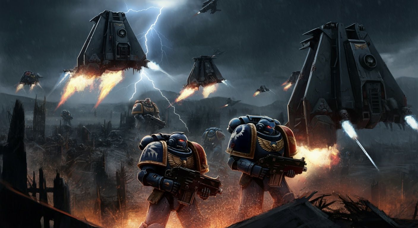 Space Marines Descend into War-Torn Cityscape
