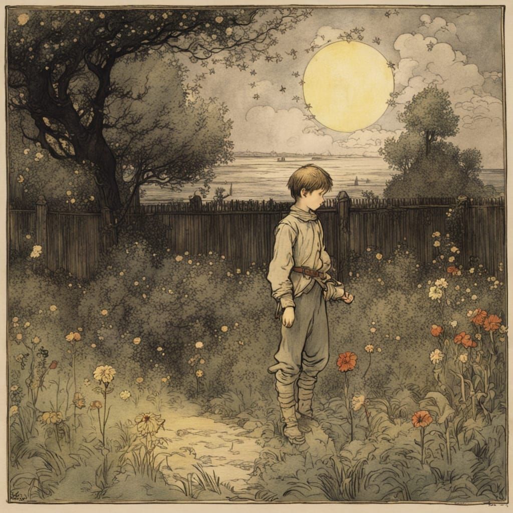 Whimsical Boy Amidst Celestial Blooms