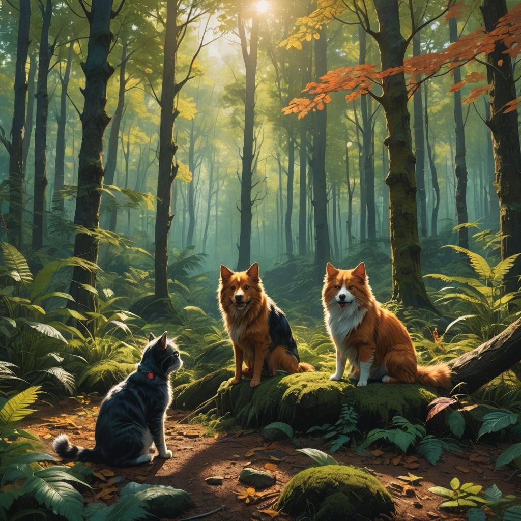 Cat and Dog Play in Lush Forest: Digital Painting