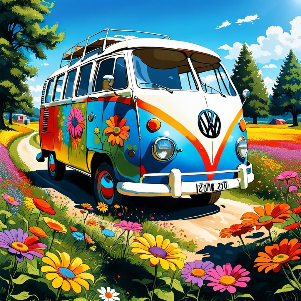 Hippie Van with Flower-Power Graffiti Art