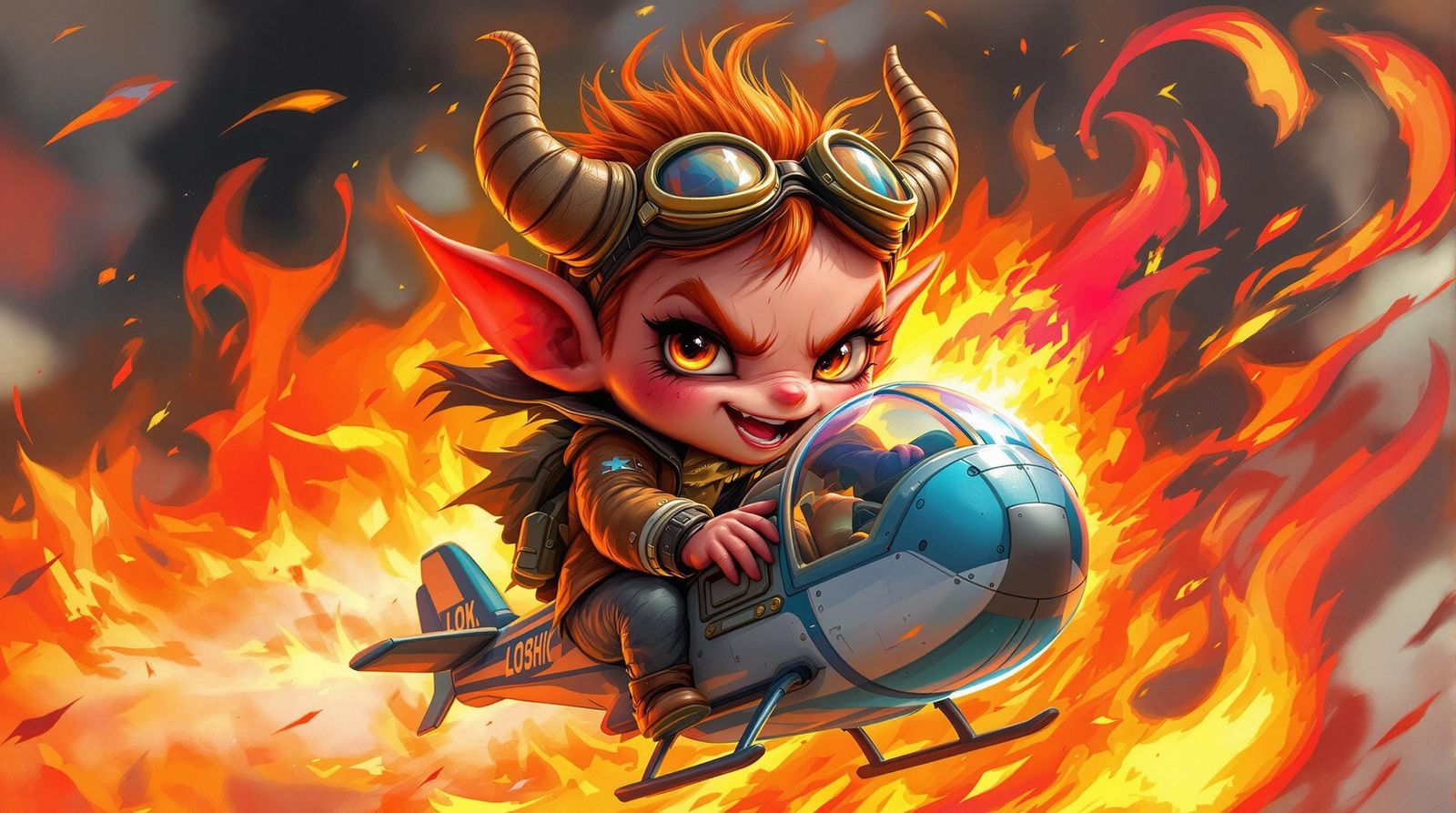 Charming Demon Pilot Soars Above in a Fiery Helicopter