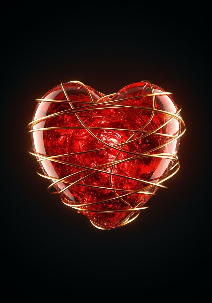 Glass Heart Wrapped in Gold: 3D Render