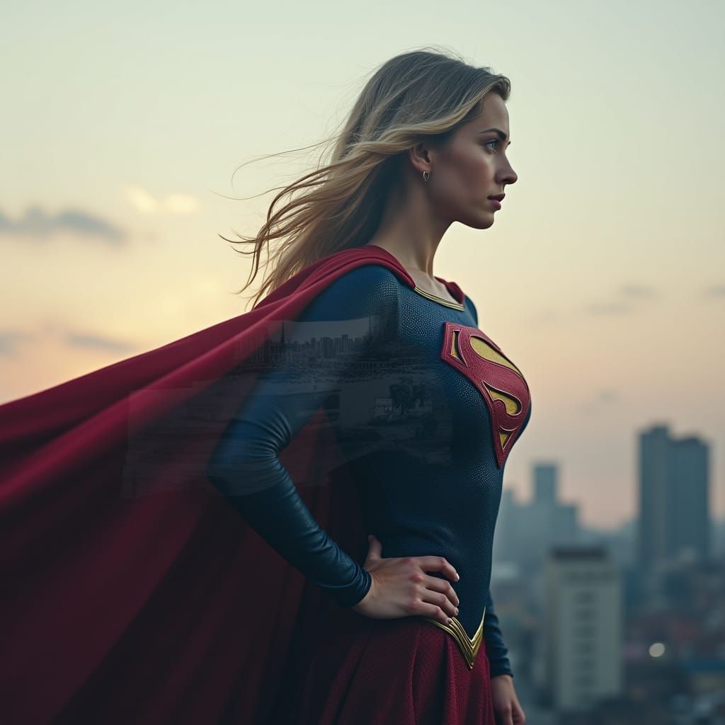 Surreal Heroine in Double Exposure Cityscape