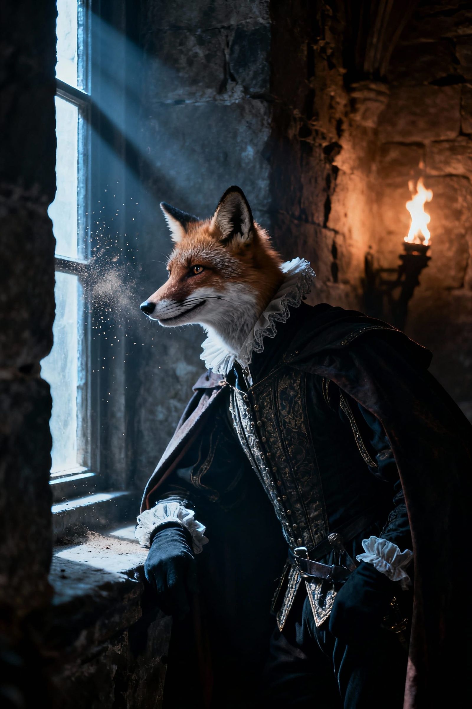 Photorealistic Fox in Elizabethan Garb with Cinematic Noir L...