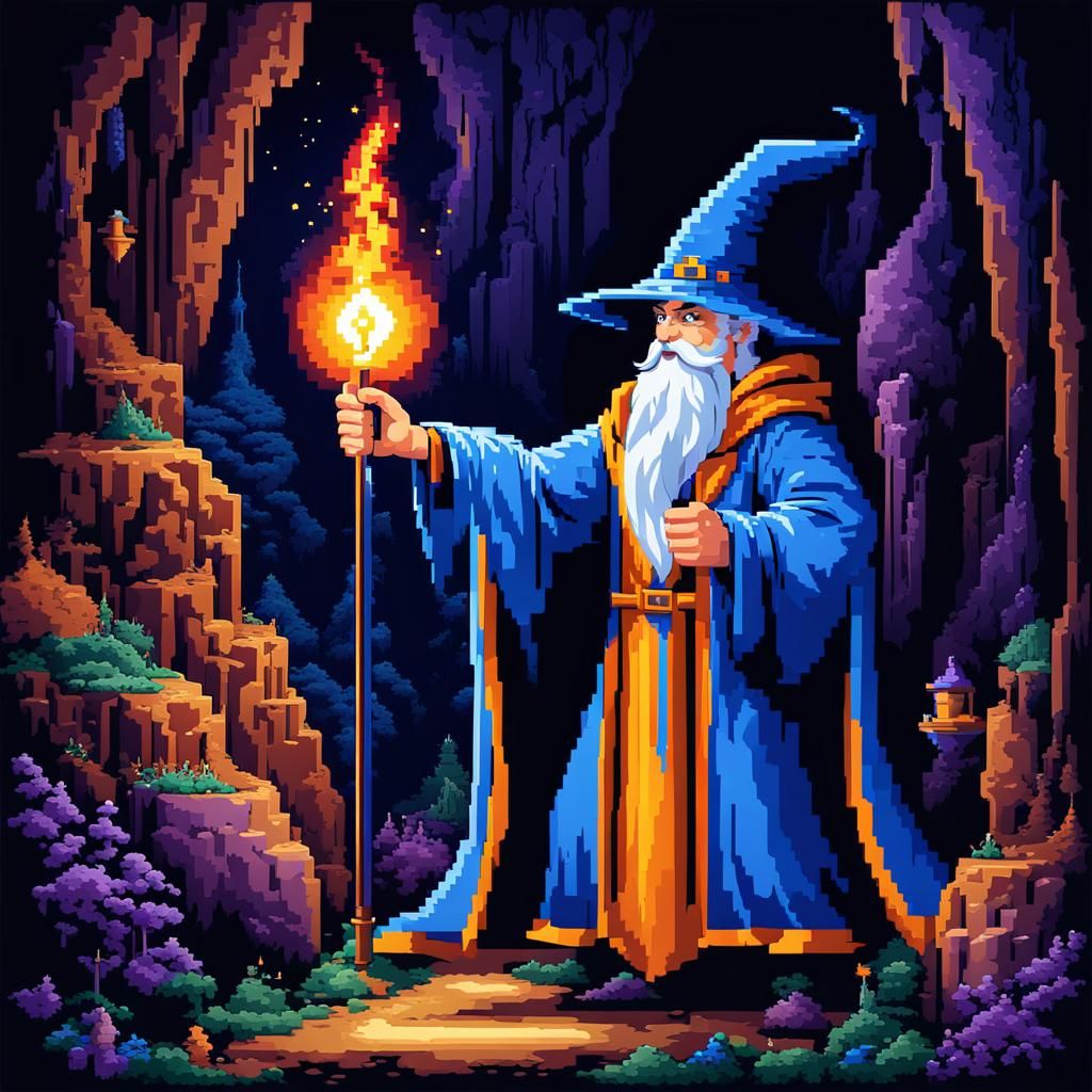 Pixel Art Wizard Casting Spell in Fantasy Cave