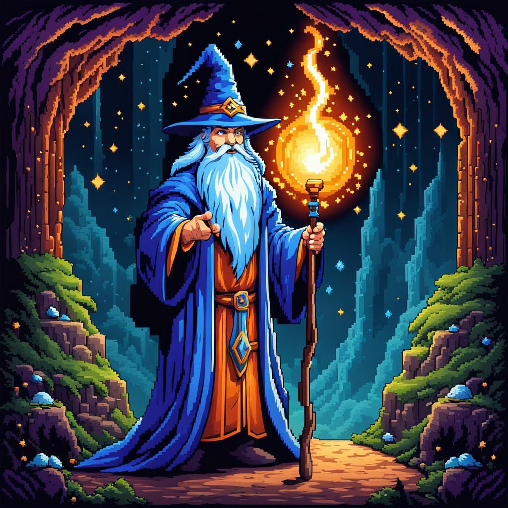 Pixel Art Wizard Casting Spell in Fantasy Cave