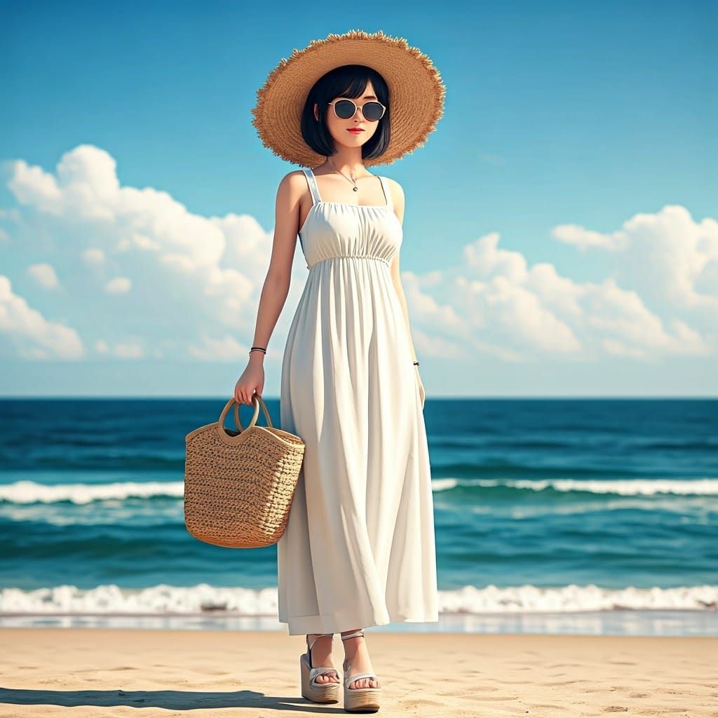 Thai Woman Strolls on Thai Beach in Hyper Realistic Style