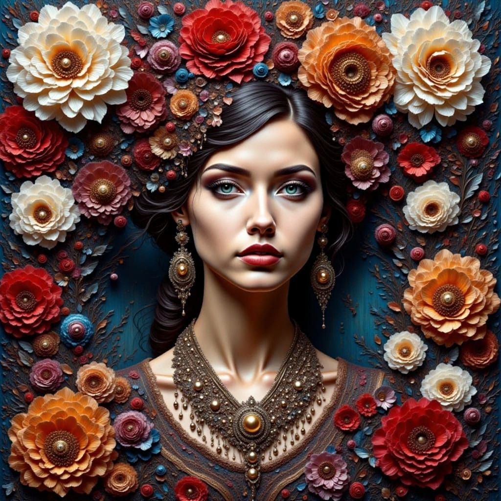 Beautiful Woman Portrait with Metallic Flowers as Impasto Pa...
