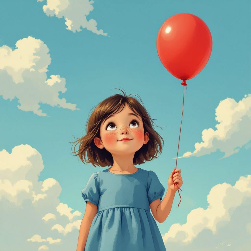 Whimsical Storybook Illustration of a Girl with Red Balloon
