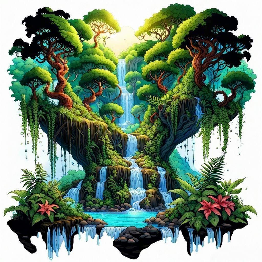 Lush Tropical Rainforest Scene in Maximalist Style