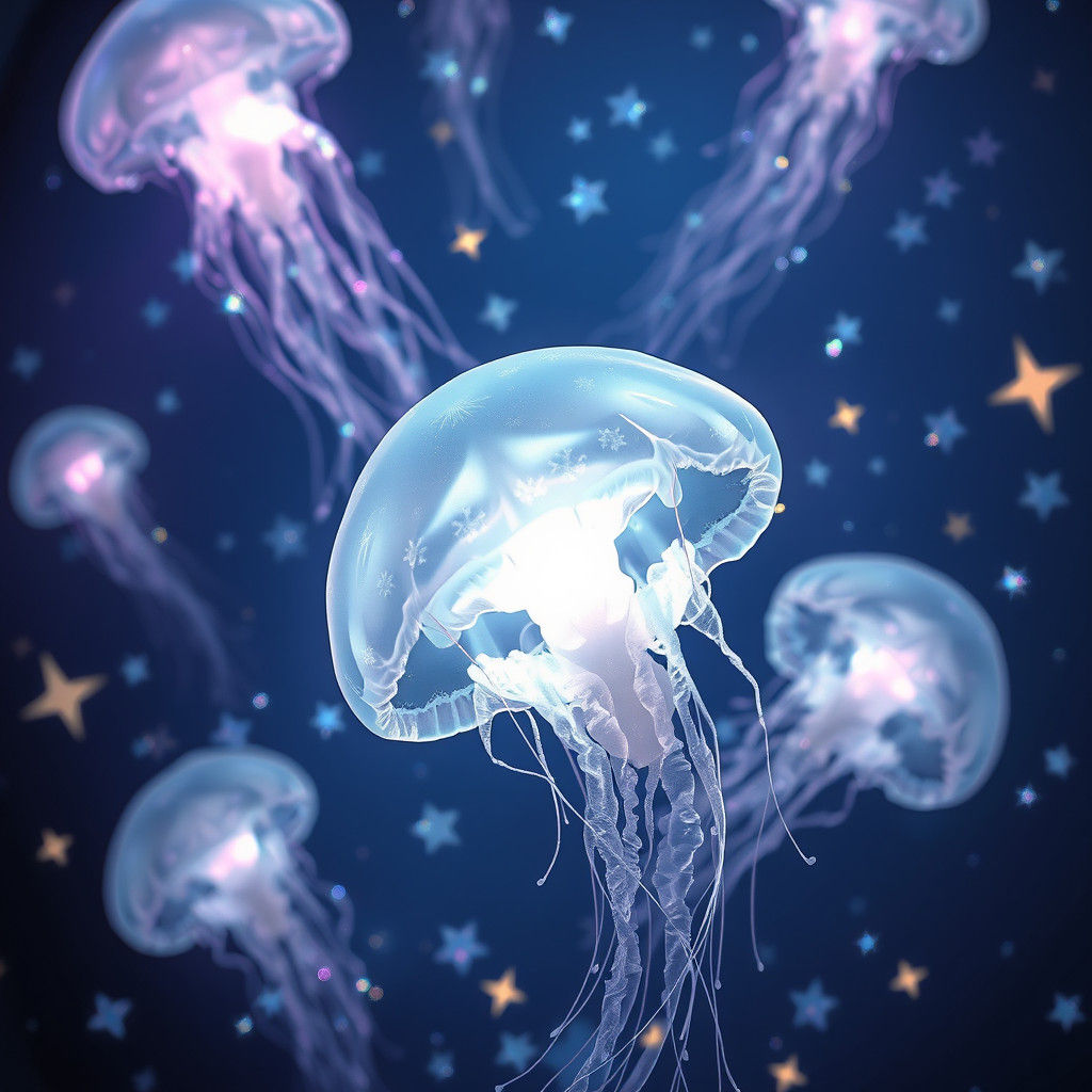 Luminous Jellyfish Among Crystalline Stars, Digital Illustra...