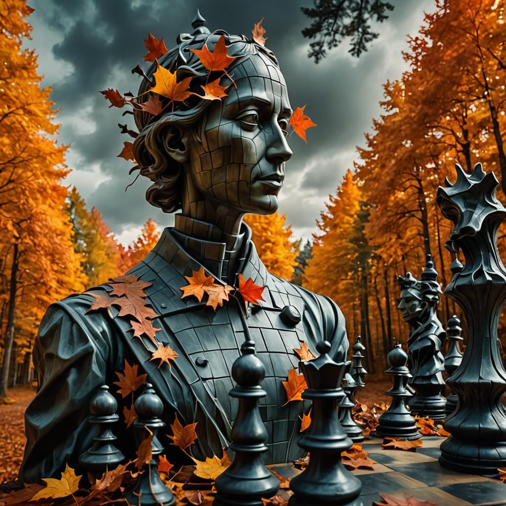 Surreal Autumn Chessboard Sculpture in Beksiński Style