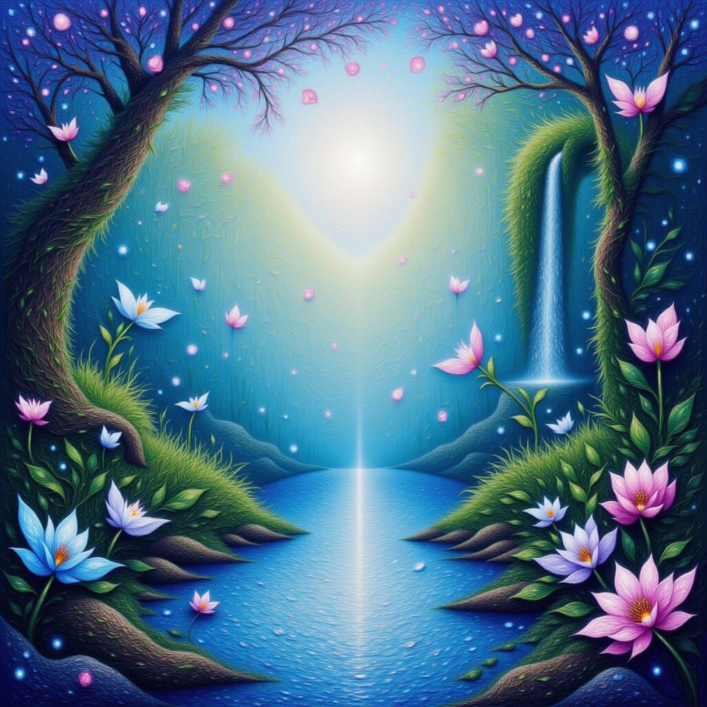 Ethereal Secret Garden with Gentle Waterfall in Anime Style