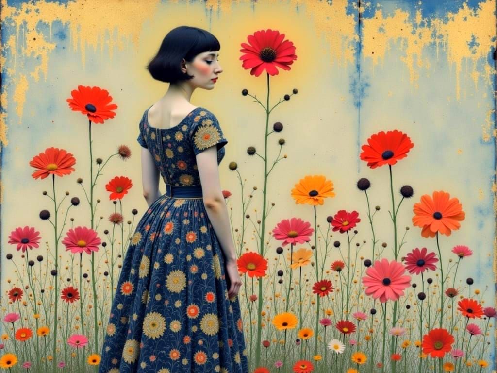 Woman with Floral Background in Klimt Style