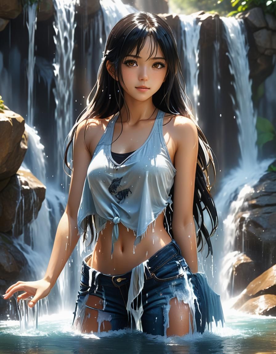 close up, anime, girl in waterfall