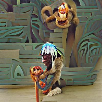 Rafiki Surrounded by Colorful Tiki Sculptures