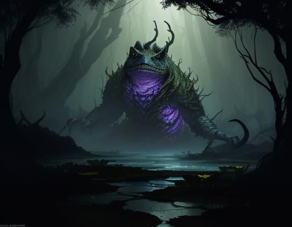 Menacing Bullywug in Misty Swamp: Dark Fantasy Art