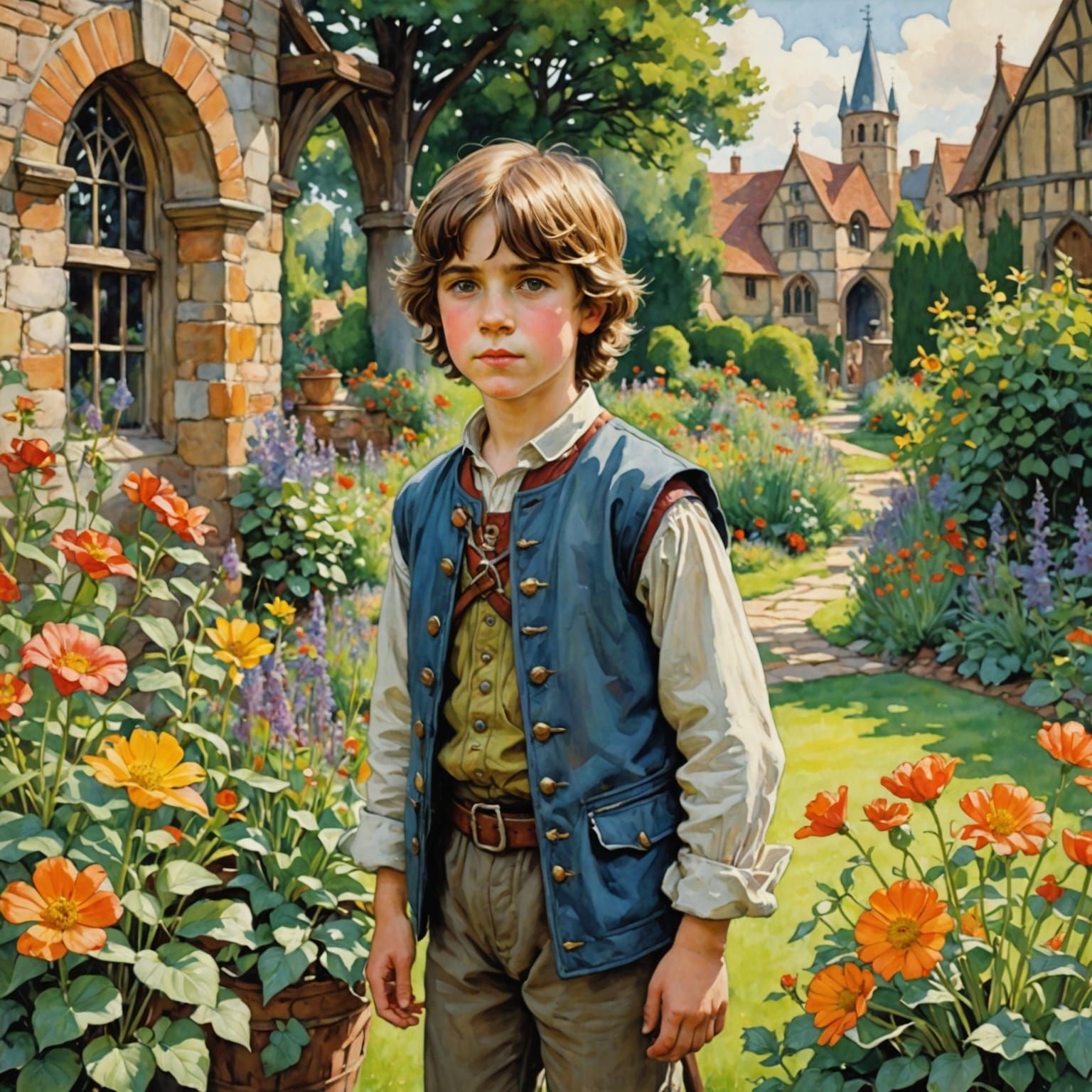 Boy in a Sunlit Garden Scene, Watercolor Art