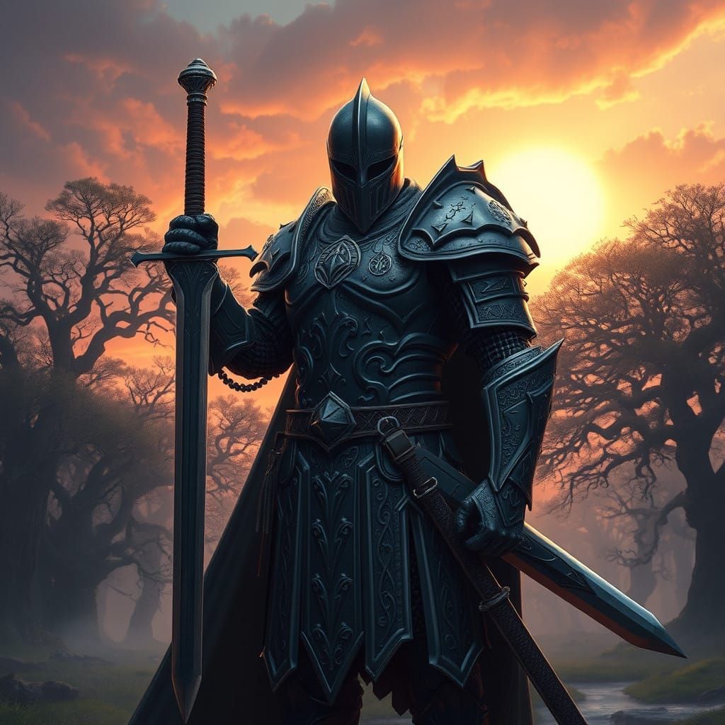 Warrior in Dark Silver Armor Stands Amidst Ancient Trees