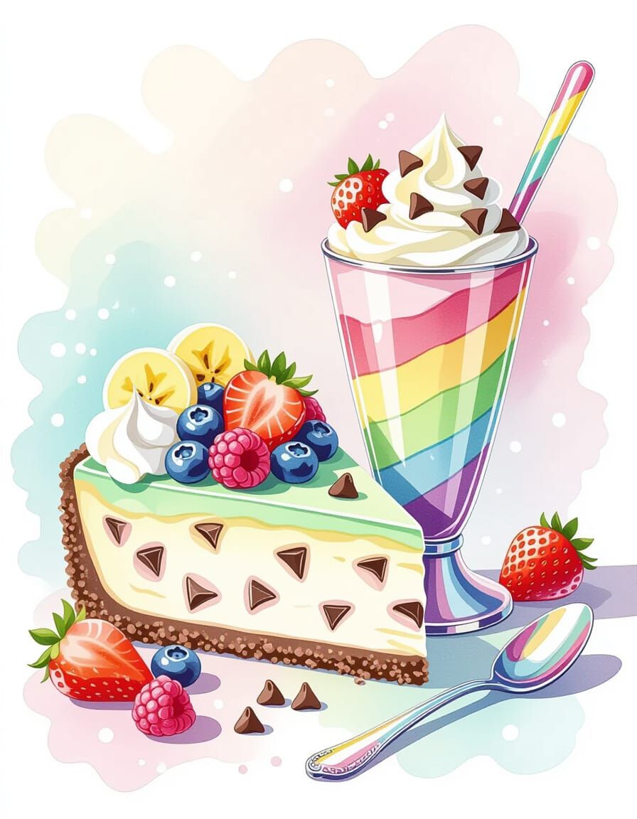 Mint Chocolate Cheesecake & Rainbow Parfait in Watercolor St...