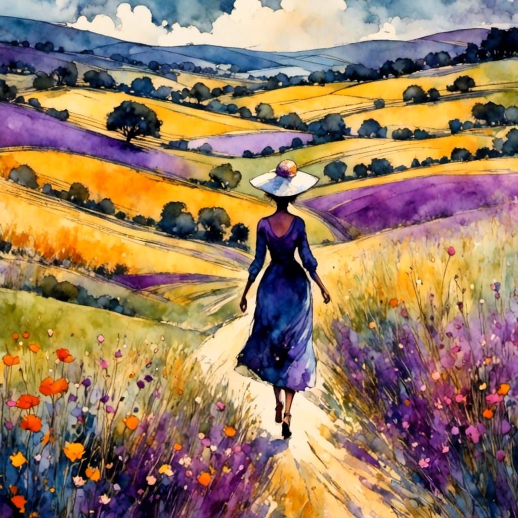 Woman Walks in Countryside, Liquid Ink Style