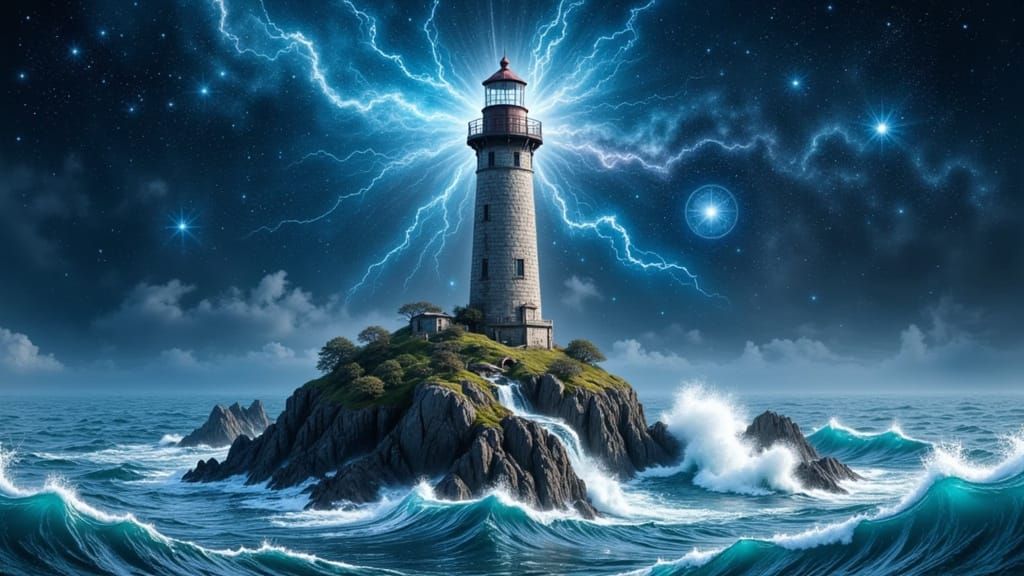 Lone Lighthouse on Floating Island in Cosmic Void