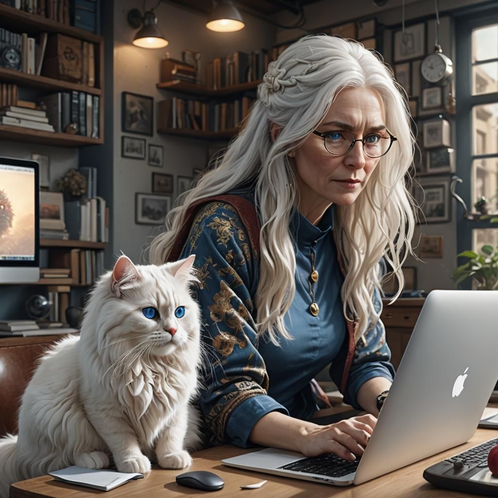 Woman with Cat in Detailed Digital Painting
