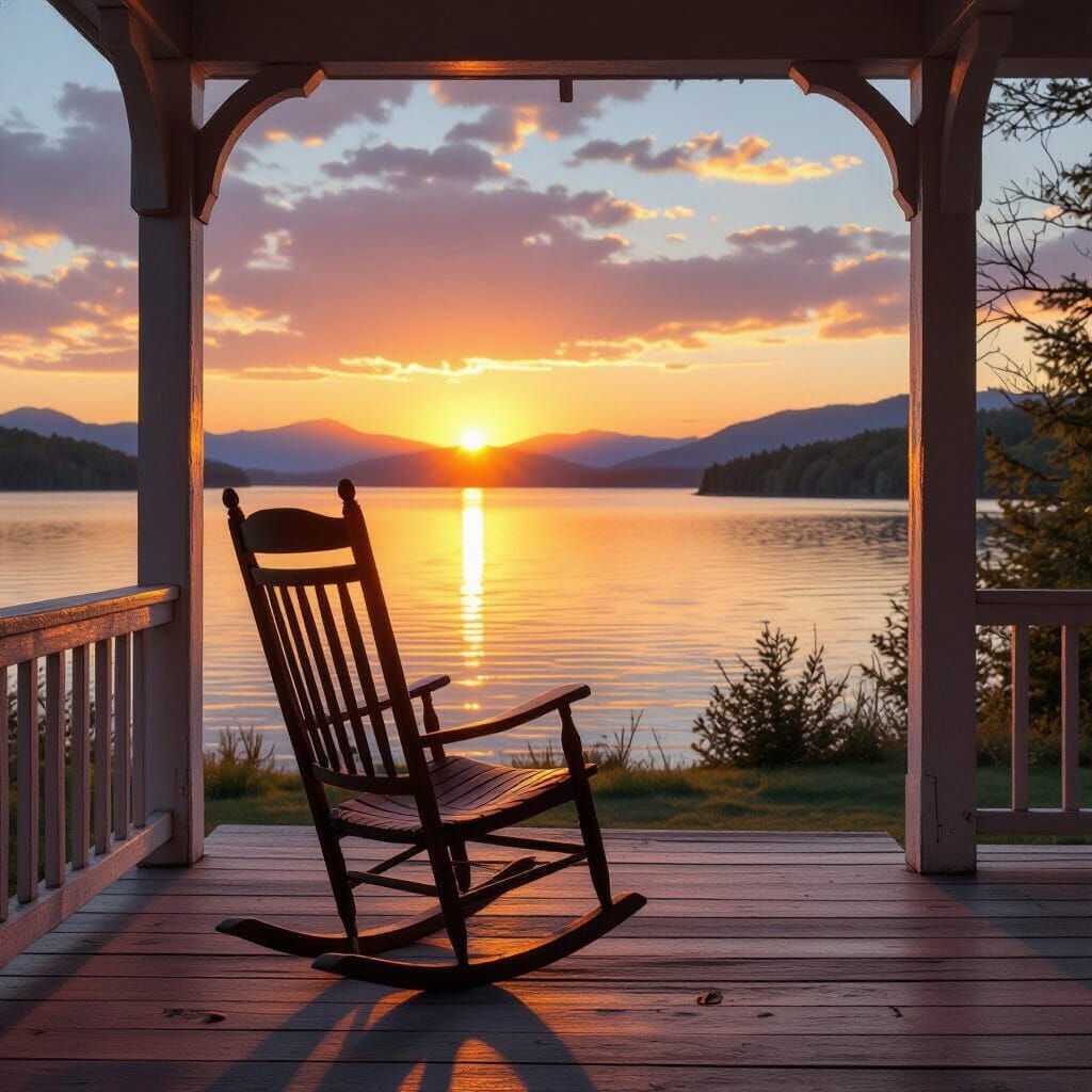 Antique Rocking Chair Overlooking Serene Lake at Sunset