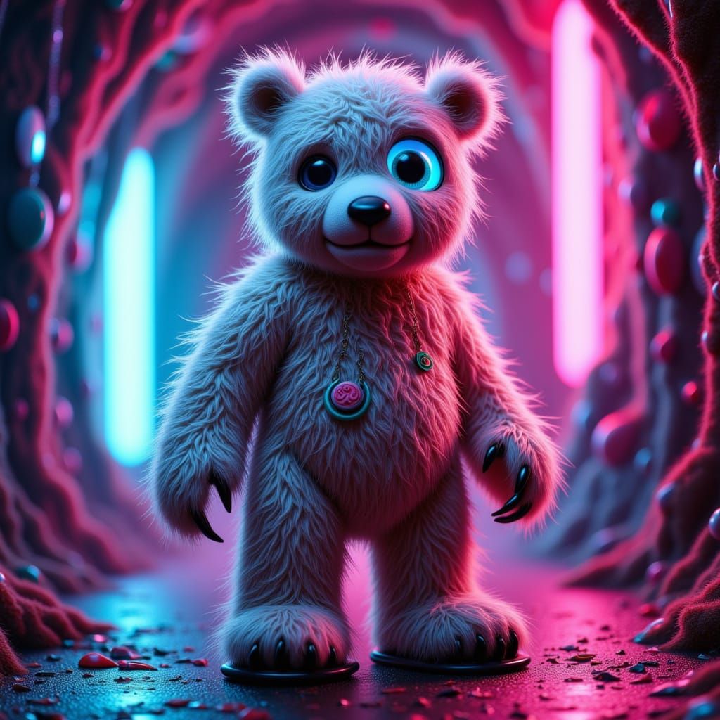 Retro-Futuristic Voodoo Polar Bear Doll in Neon Vortex