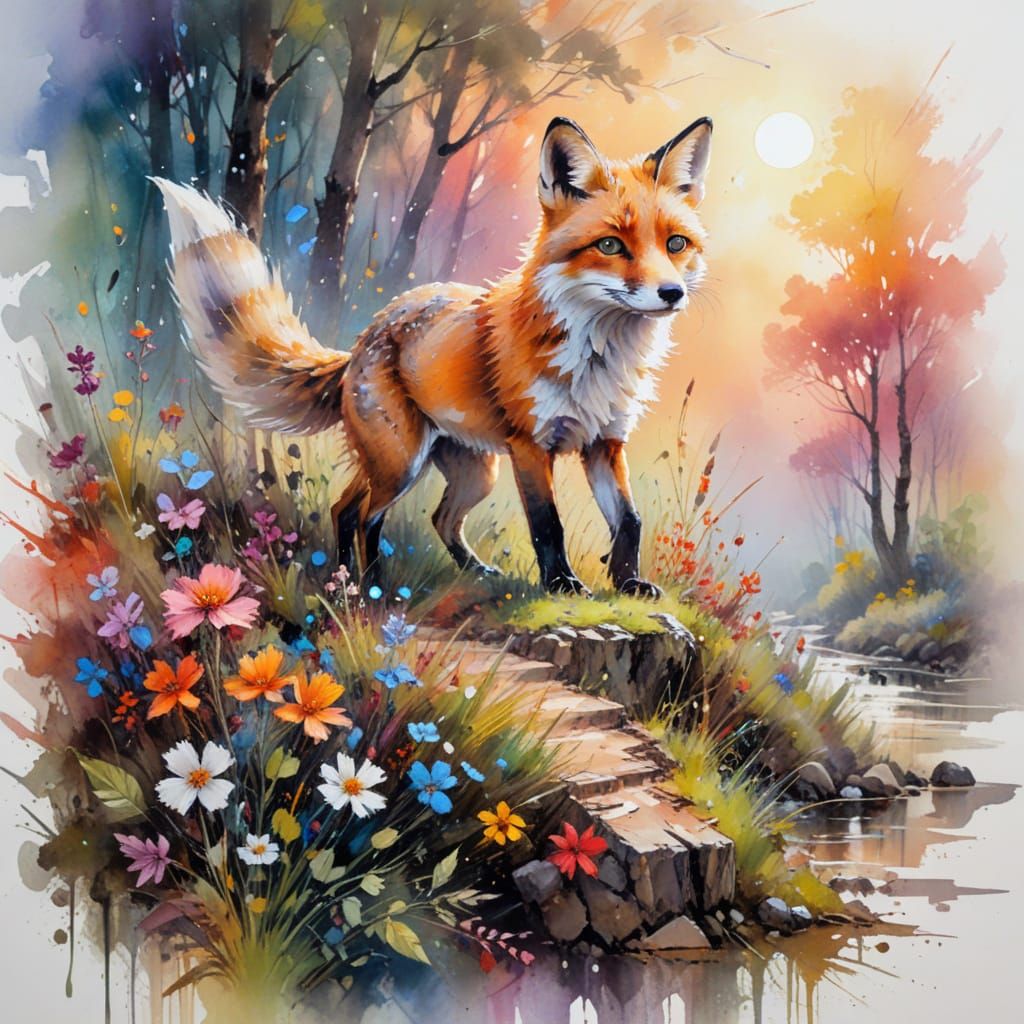 Fluffy Fox on Forest Path in Neo-Impressionist Style