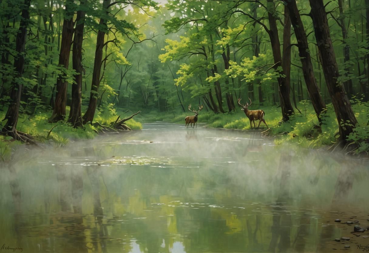 Whitetail Buck Crossing Creek in Fog, Hennings Style