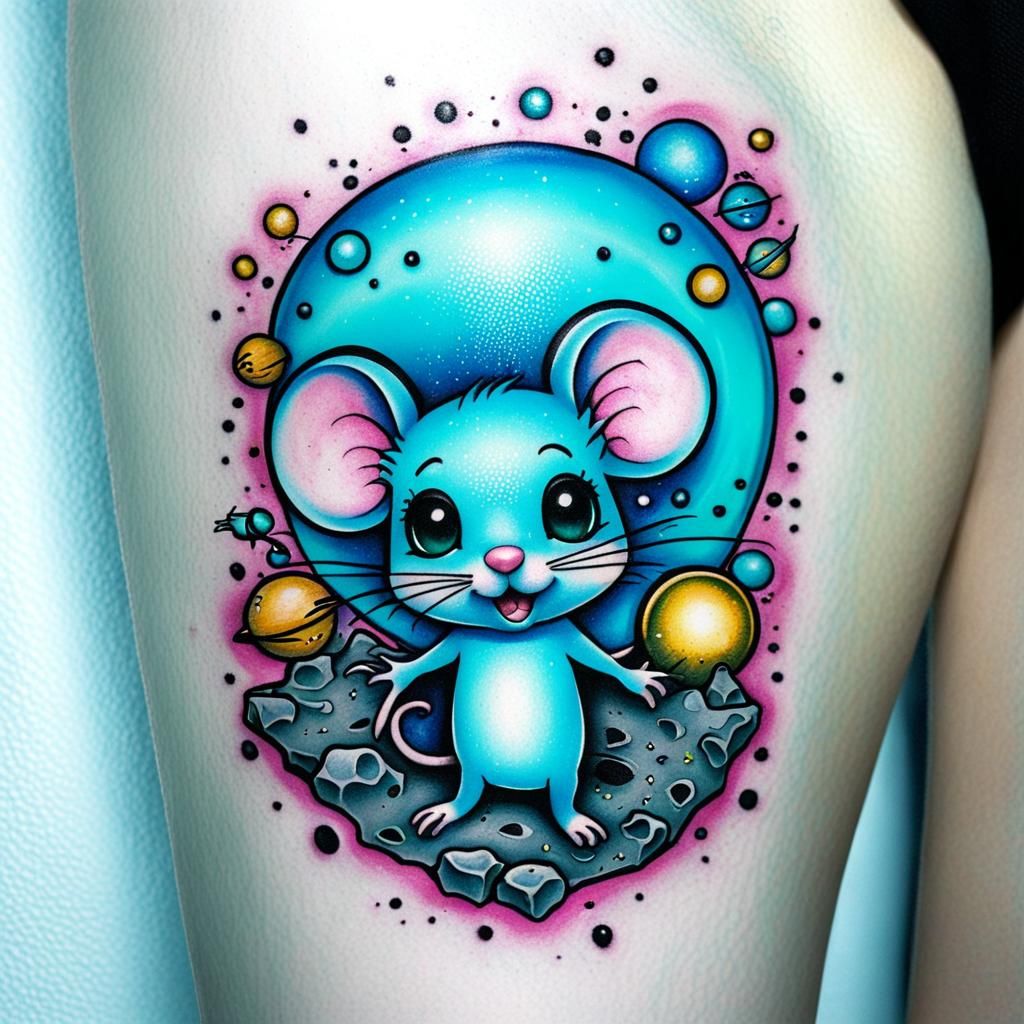 Aqua Chibi Mouse Tattoo on Moon with Planets