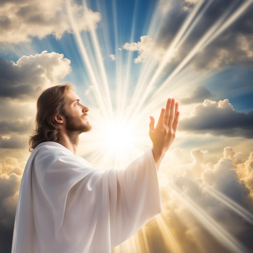 loving compassionate Jesus outstretched arms to welcome young man home to heaven with bright light and clouds