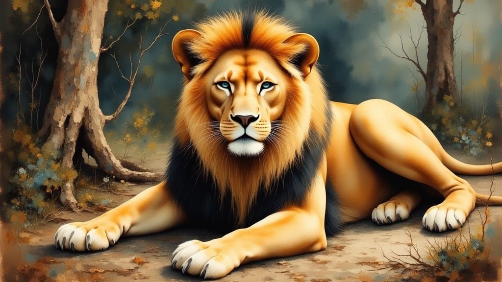 Curious Lion in Atmospheric Digital Art Style