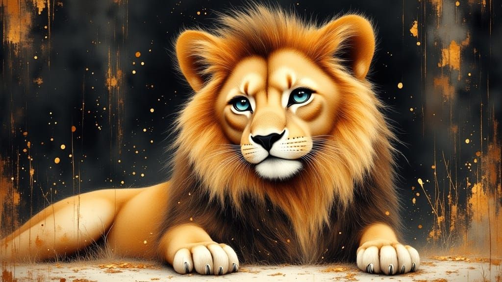 Lion with Blue Eyes in Antique Watercolor Style