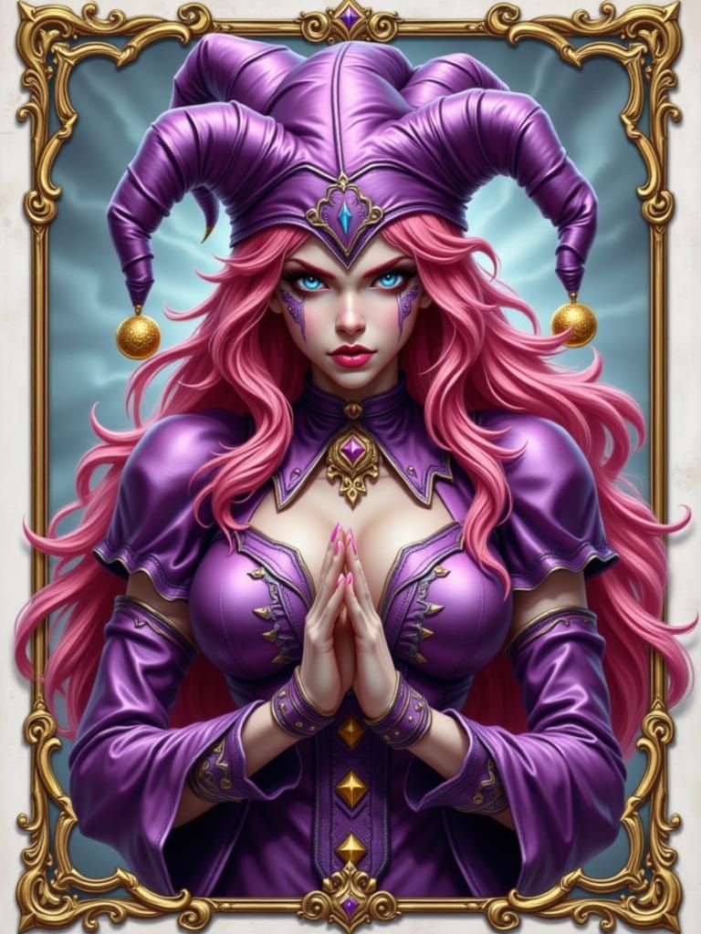 Realistic Female Jester Character Concept Art with Pink Hair