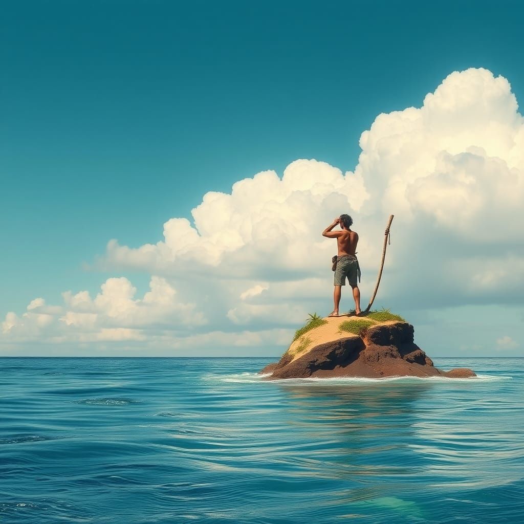 Castaway Desperately Scans Horizon on Desert Island