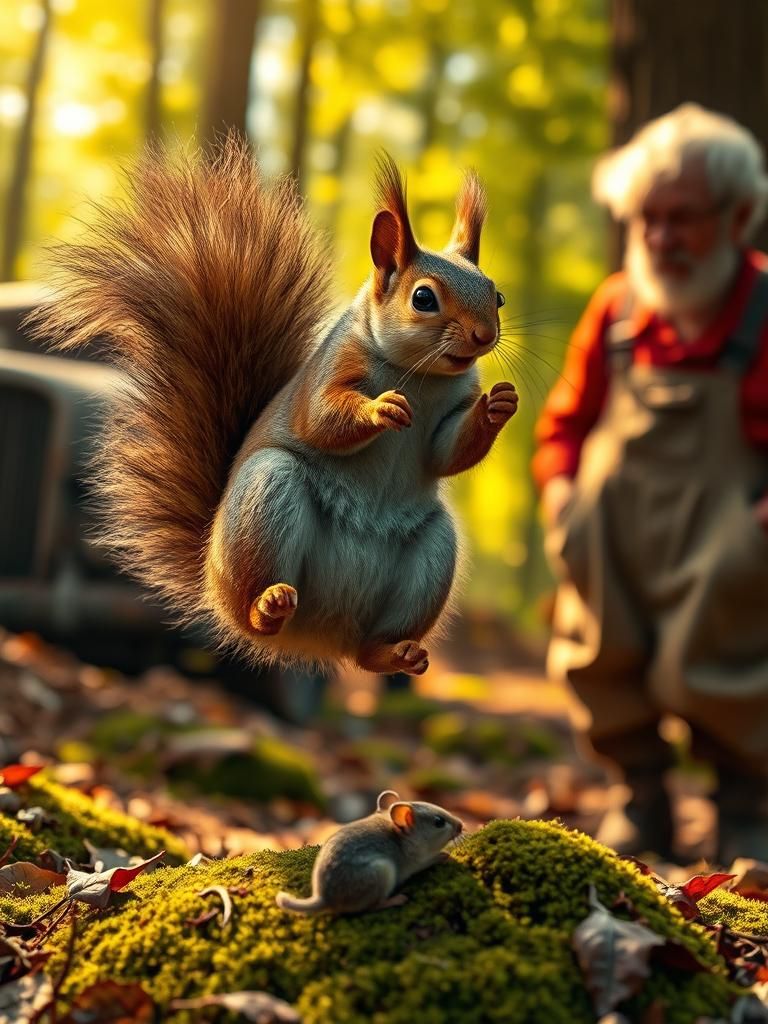 Surprised Squirrel Leaps at Forest Mouse