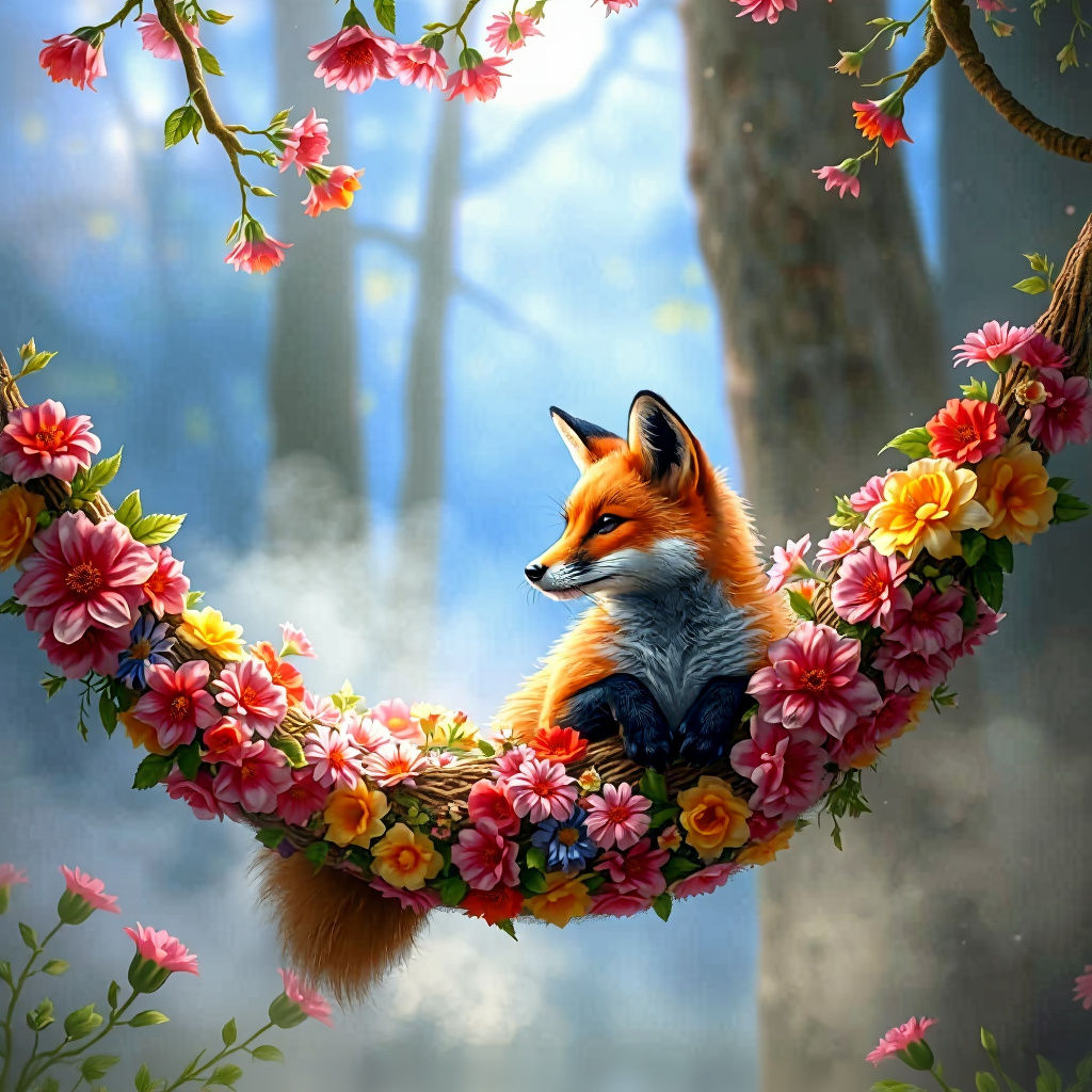 Fox in Hammock: Ethereal Fantasy in Kinkade Style