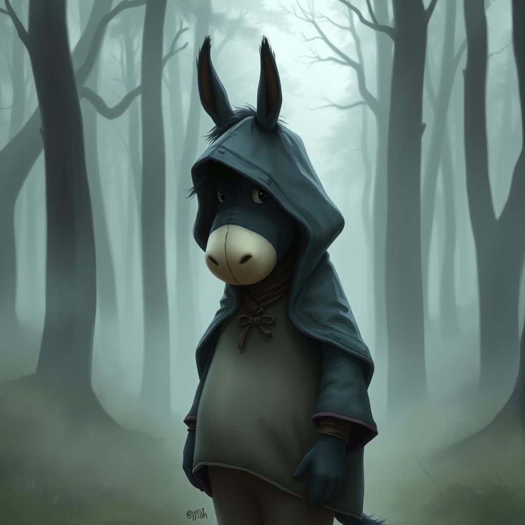 Eeyore in Misty Forest, Realistic Digital Painting