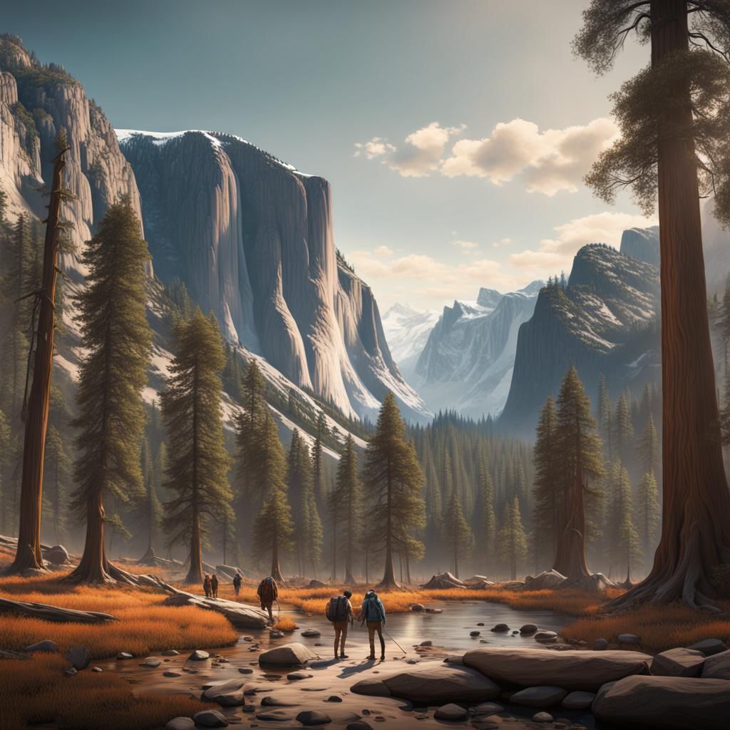 Yosemite Hiker Landscape in Detailed Matte Painting Style