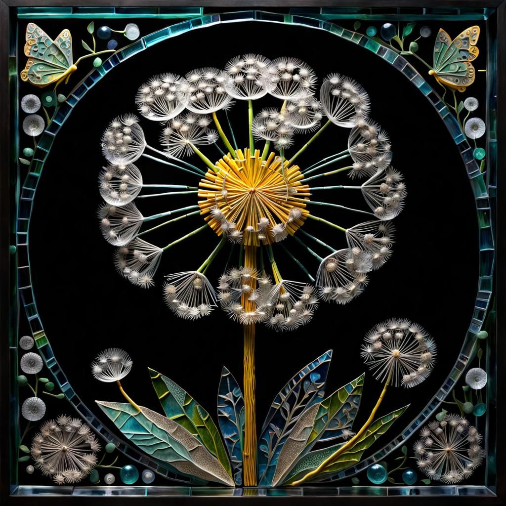 Intricate Glass Dandelion in Folk Art Style