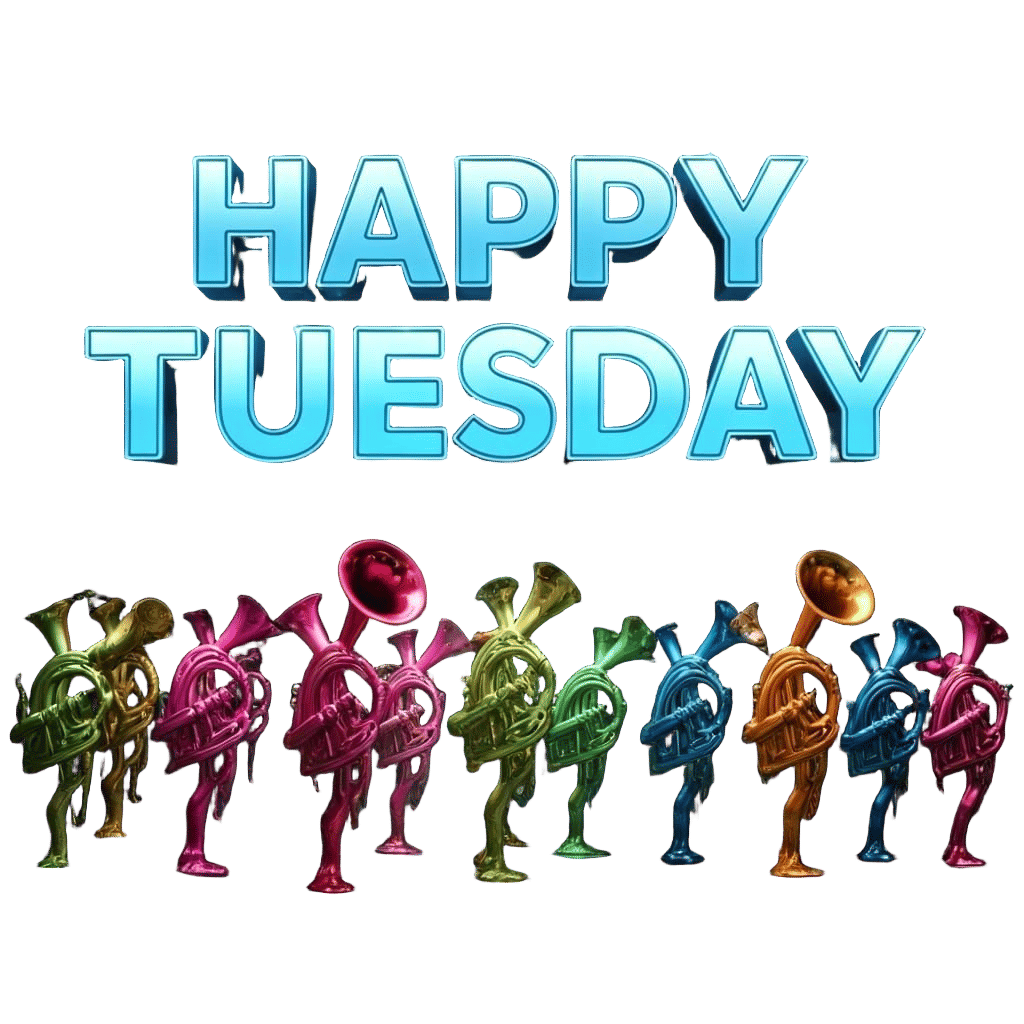Create an image with singing Trumpets and with the phrase "HAPPY TUESDAY" in bold and large font. black background.