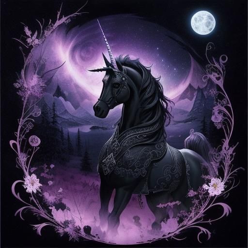 Gothic Unicorn in Midnight Fractal Landscape
